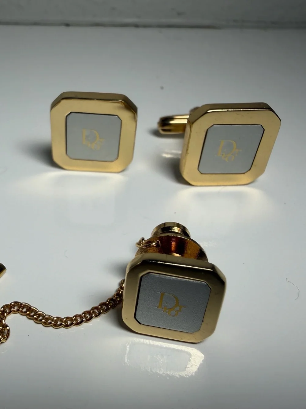Dior Gold and White Square Logo Cufflinks with Monogram
